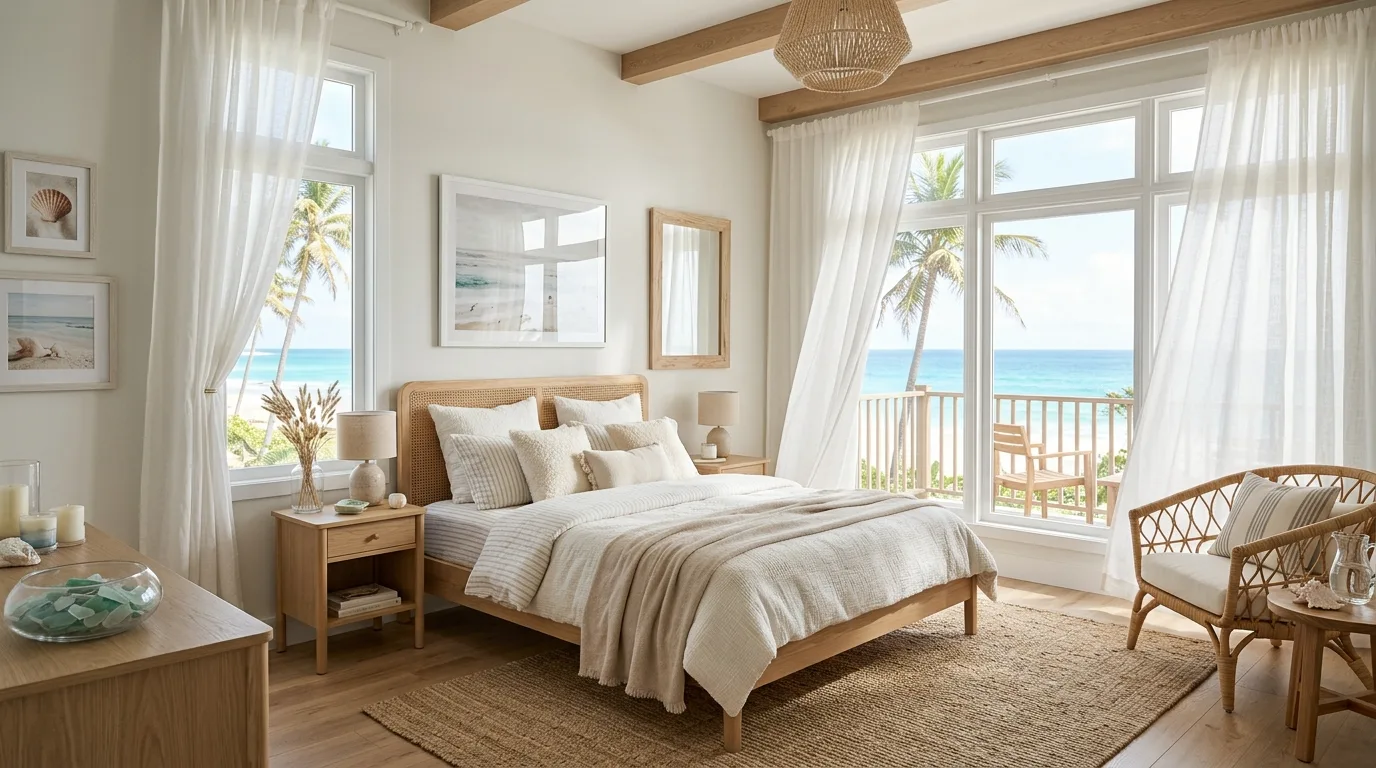Use woven textures to add warmth beneath the airy palette inspiration for a coastal bedroom.